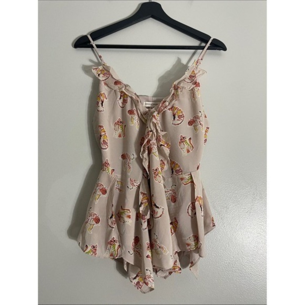 Rebecca Taylor Cami Top Silk Tiger Print Ruffle Size 4 Sleeveless Blouse